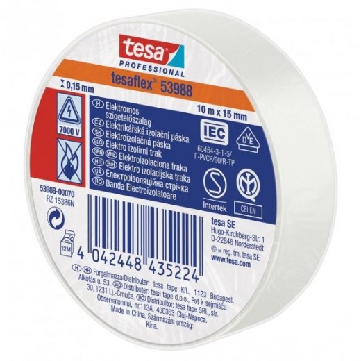 <h3>Изолационна лента Tesa 53988 PVC 19/20 бяла</h3><p>Tesaflex® 53988 / IEC е специално създадена лента от огнеупорно пластифицирано PVC с добра адхезия и еластичност за употреба при ниски температури. Tesaflex® 53988 е подходяща за изолация на проводн