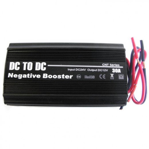 Pреобразувател на напрежение CNT2412-30<br /><br />Преобразувател на напрежение 24V / 12V, 30A работи на принципа на широчинно-импулсна модулация с висока честота.<br /><br />Благодарение на тази технология на превключваем източник преобразувателят е